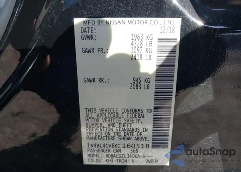 2019 Nissan Altima 2.5 Sr из США, поврежденный, VIN 1N4BL4CV6KC160518